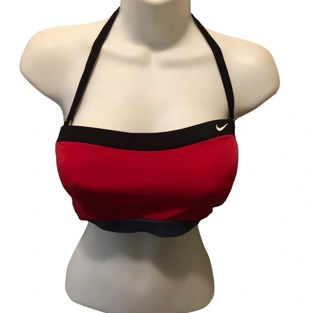 Nike Swim Bandeau Top Sz. 10 Built in Bra Red Navy Swoosh Logo Summer Pool Beach